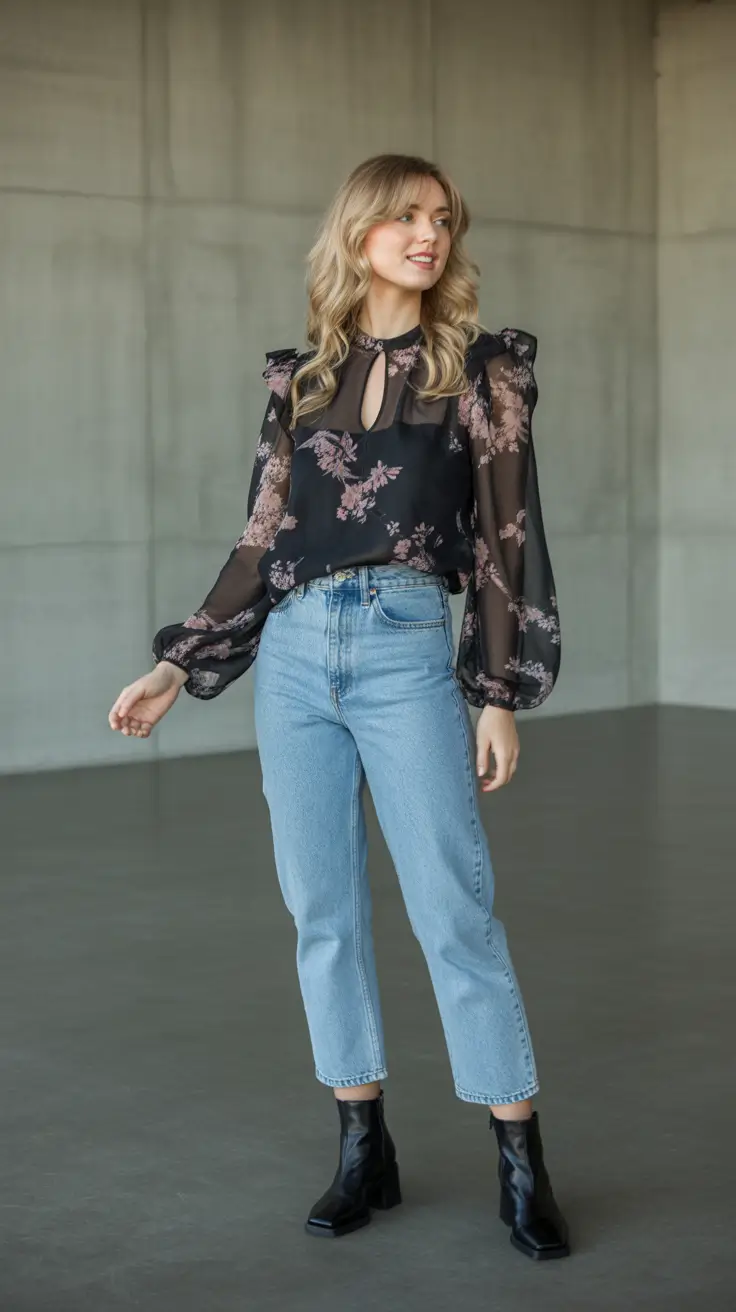 Best cute outfits 2026 - Soft-floral chiffon with light denim and ankle boots