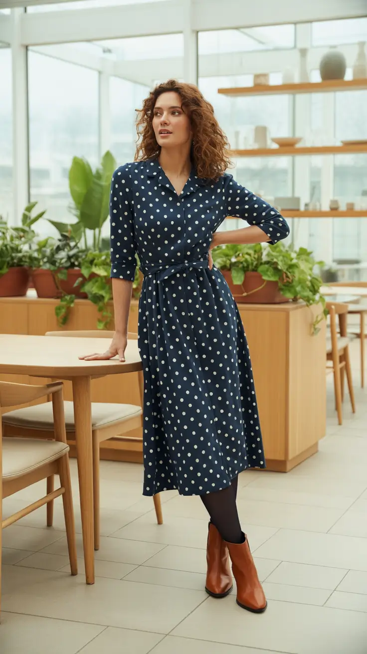 Best cute outfits 2026 - Navy polka-dot midi with tan ankle boots