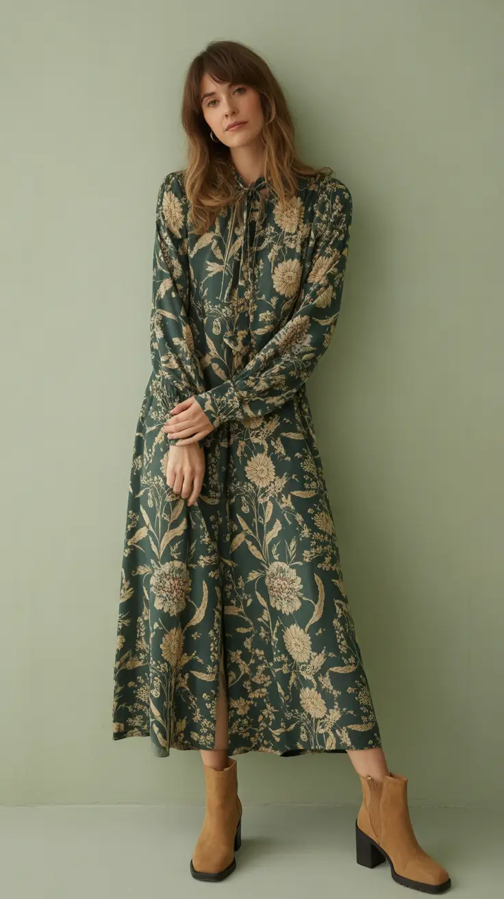 Best cute outfits 2026 - Forest-Floral Maxi With Suede Block-Heel Boots