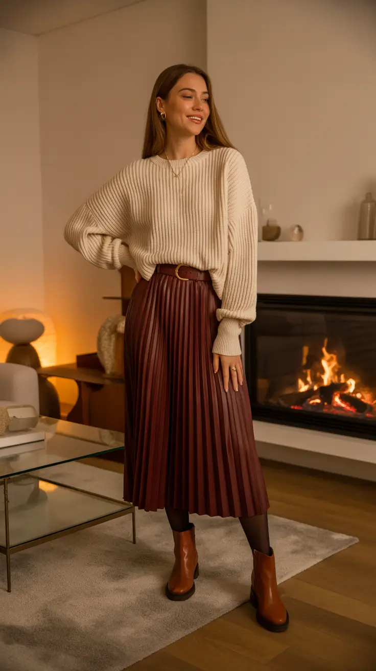 Best cute outfits 2026 - Chunky Ribbed Knit With Pleated Midi and Chelsea Boots