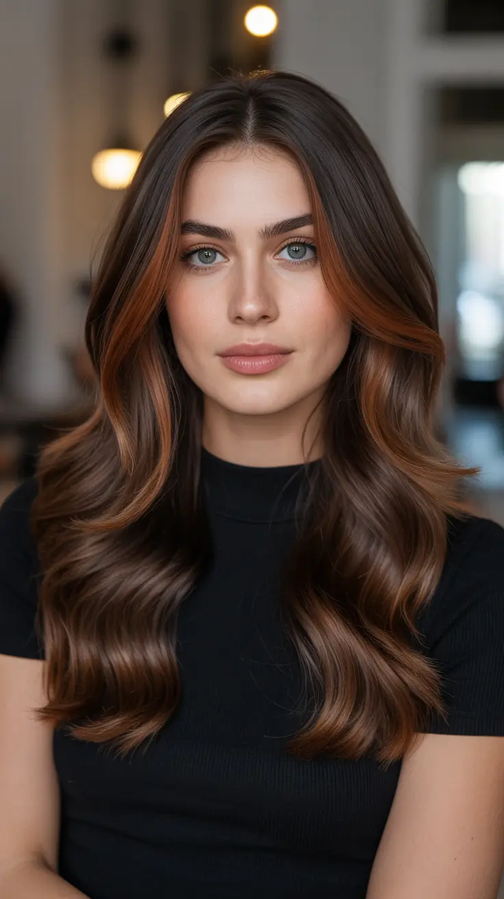 Dark Brown Hair Color 2026 - Sleek And Rich - Soft Copper Ribbons On Chocolate Waves