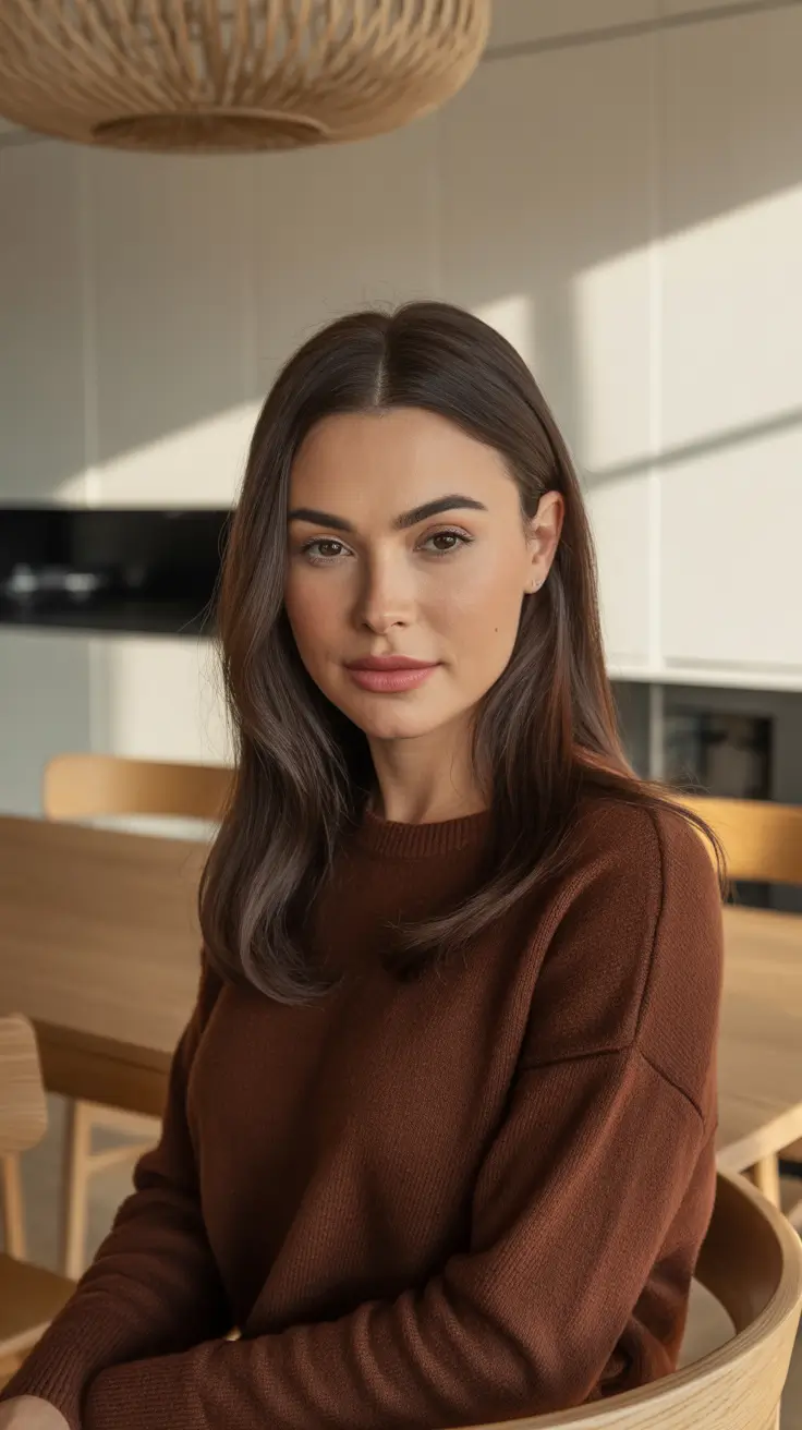 Dark brown hair color 2026 - sleek and rich - Minimalist Long Brunette With Cozy Fall Energy