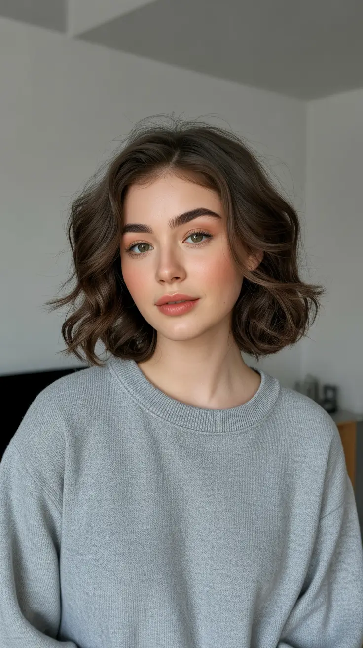 Dark brown hair color 2026 - sleek and rich - Soft Wavy Bob With Cool-Toned Brunette Shine