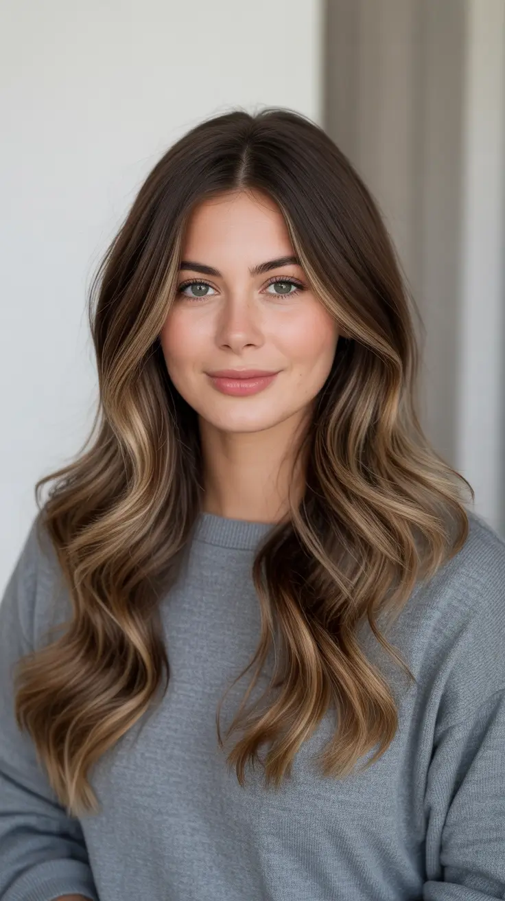 Dark brown hair color 2026 - sleek and rich - Soft Balayage Waves With Buttery Blonde Ends