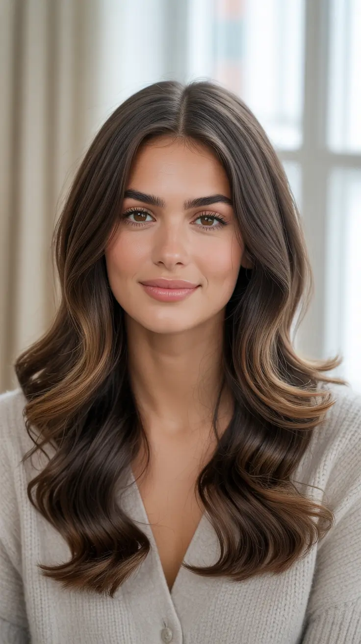 Dark brown hair color 2026 - sleek and rich - Face-Framing Chocolate Ribbons On Deep Brunette