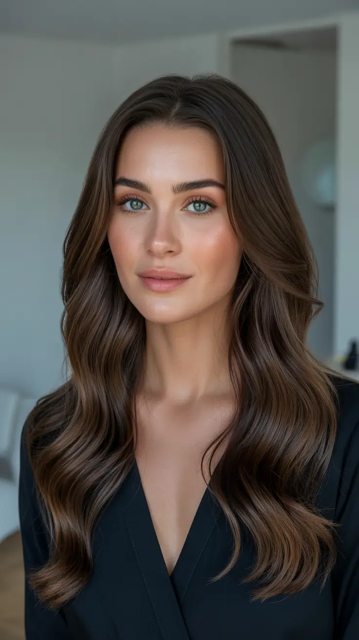 Dark brown hair color 2026 - sleek and rich - Glossy Espresso Waves With Subtle Dimension