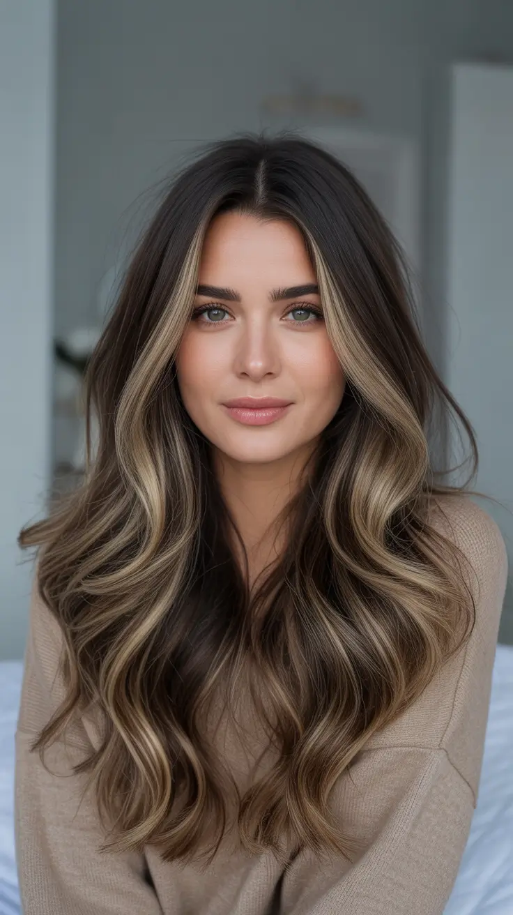 Dark Brown Hair Color 2026 - Sleek And Rich - Lived In Beige Balayage On Long Brunette Hair