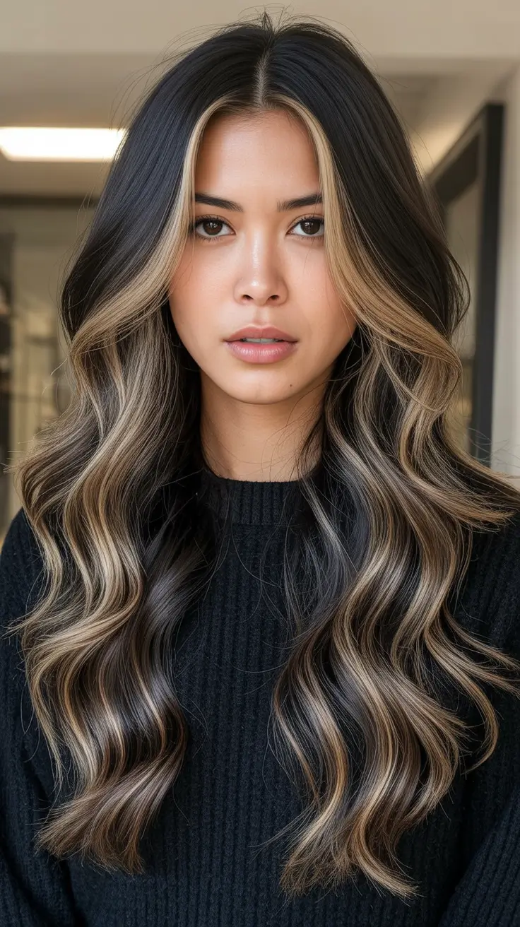 Dark Brown Hair Color 2026 - Sleek And Rich - High Contrast Blonde Money Piece