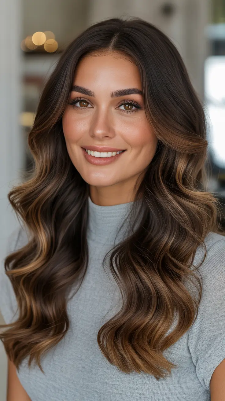 Dark brown hair color 2026 - sleek and rich - Soft Waves With Caramel Ribbons On Deep Brunette