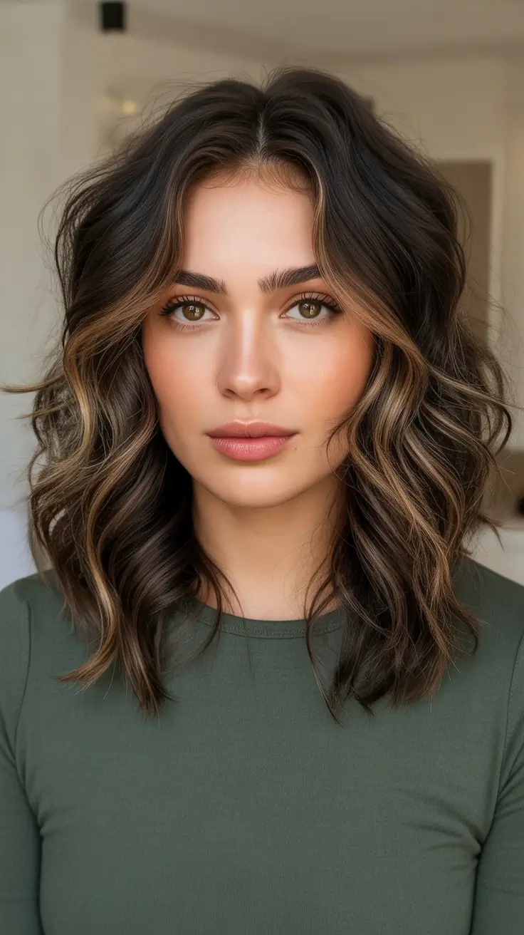 Dark brown hair color 2026 - sleek and rich - Textured Mid-Length Waves With Golden Dimension
