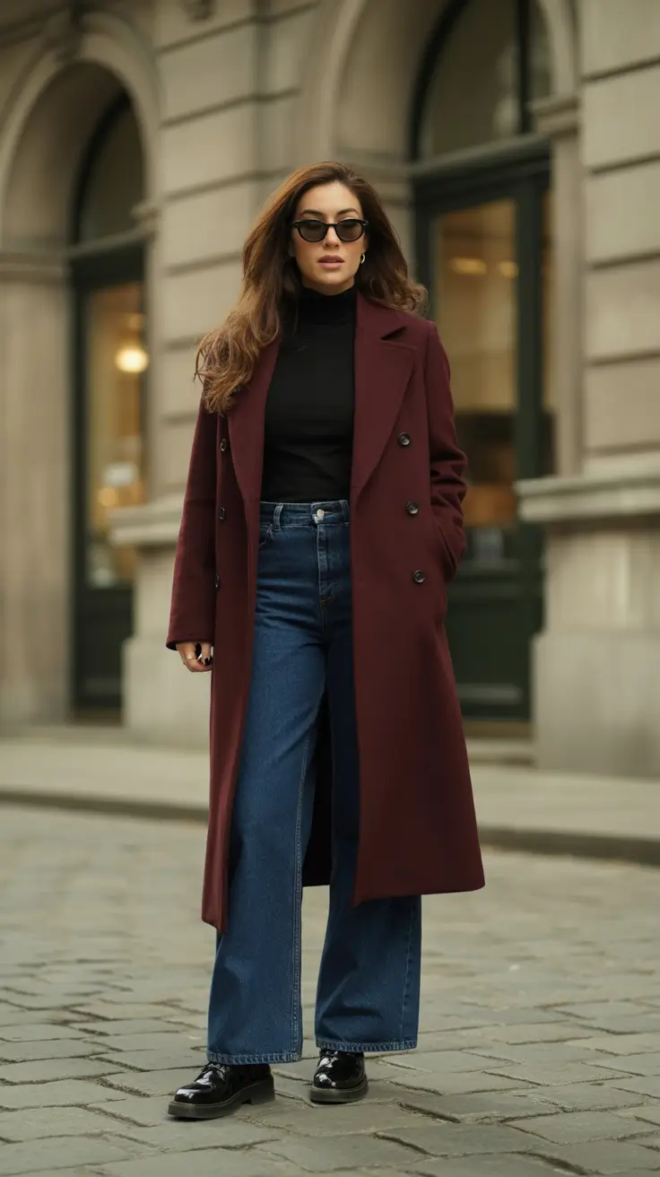 Trendy everyday outfits 2026 Rich Burgundy Coat Everyday Elegance