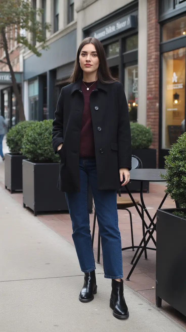 Trendy everyday outfits 2026 Black Coat And Burgundy Knit City Classic