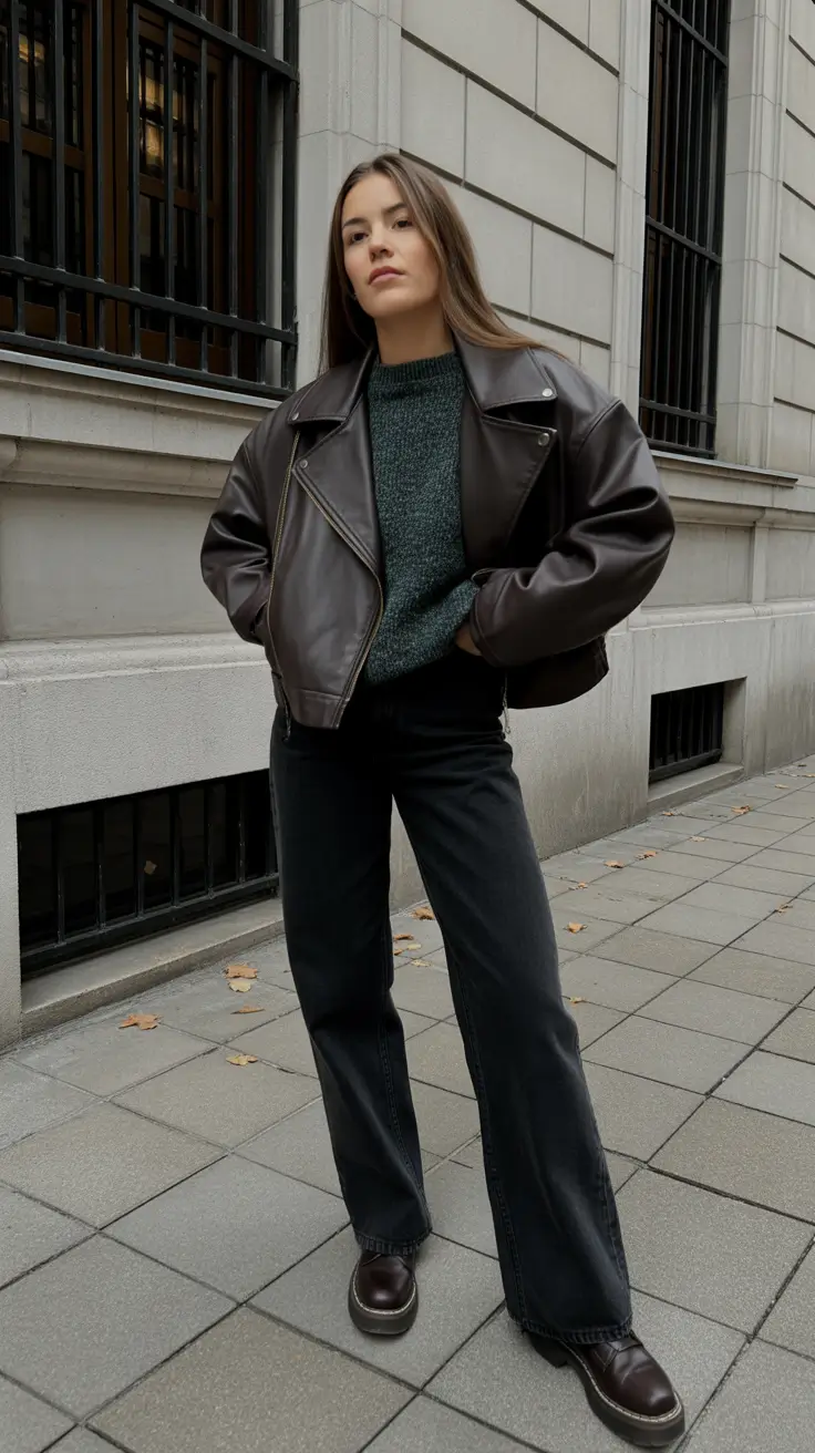 Trendy everyday outfits 2026 Dark Leather Jacket And Slate Denim Cool Edge