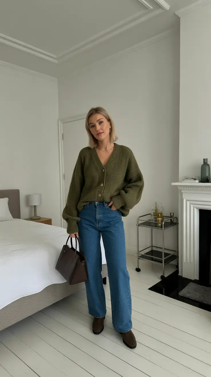 Trendy everyday outfits 2026 Olive Cardigan And Denim Cozy Home Uniform