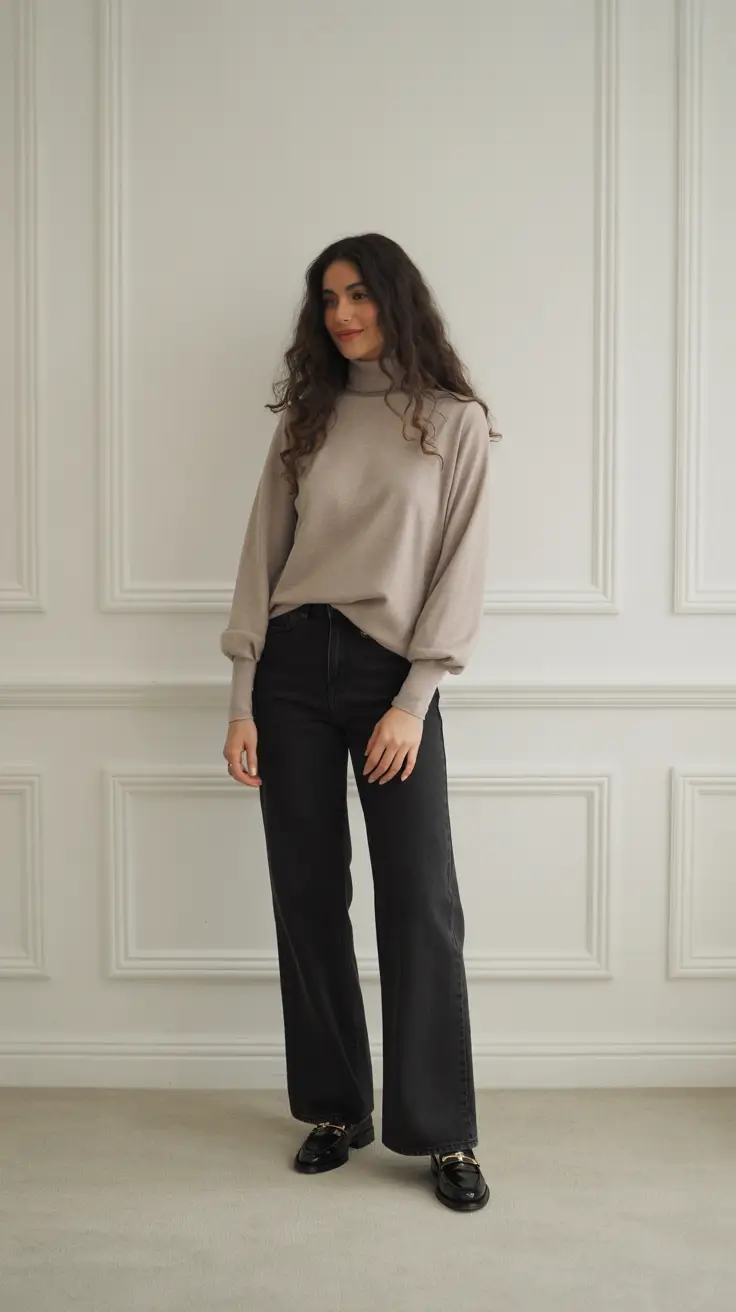 Trendy everyday outfits 2026 Taupe Turtleneck And Black Denim Minimalist Ease