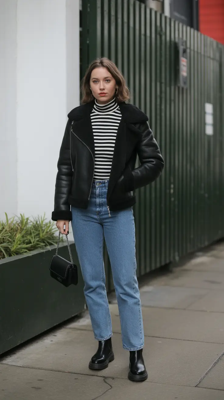 Trendy everyday outfits 2026 Striped Roll Neck And Shearling Jacket Street Ready