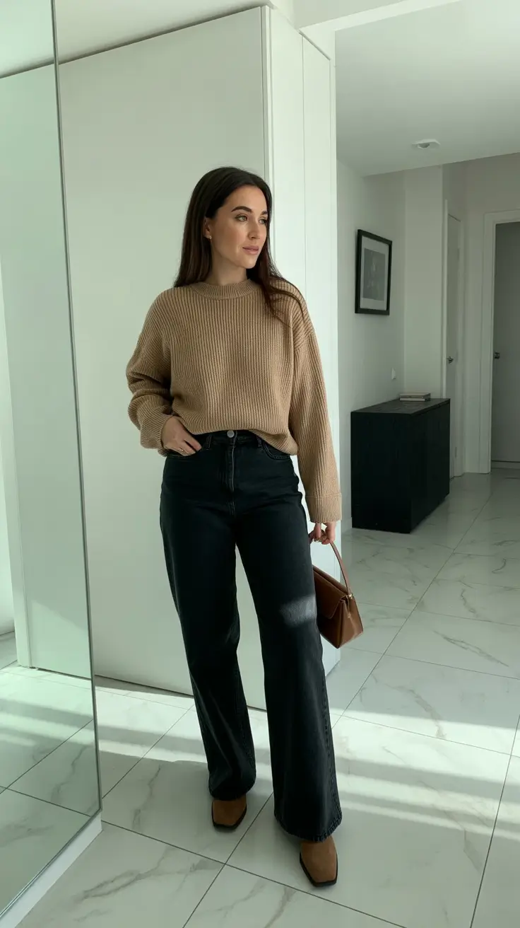 Trendy everyday outfits 2026 - Cozy Camel Knit With Clean Dark Denim