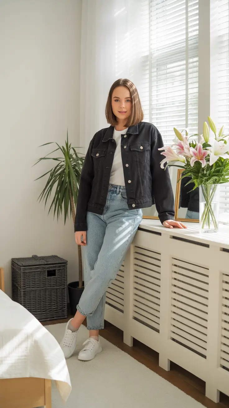 Trendy everyday outfits 2026 - Black Denim Jacket With Fresh Light Wash Jeans