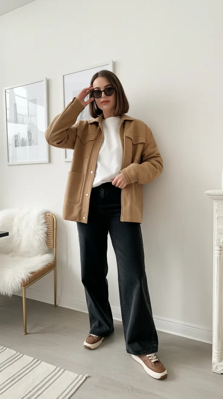 Trendy everyday outfits 2026 Camel Shacket And Sneakers Cozy Casual