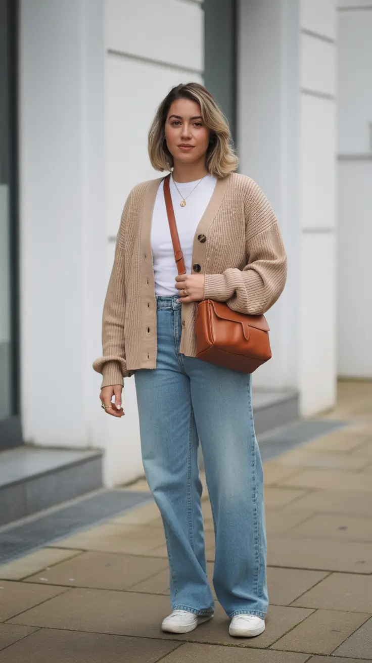 Trendy everyday outfits 2026 - Soft Cardigan And Wide Denim For Laid-Back City Days