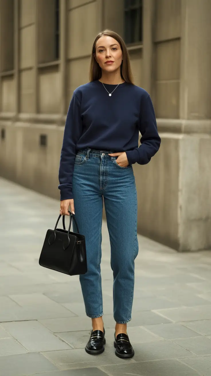 Trendy everyday outfits 2026 Navy Sweatshirt And Denim Polished Minimalism