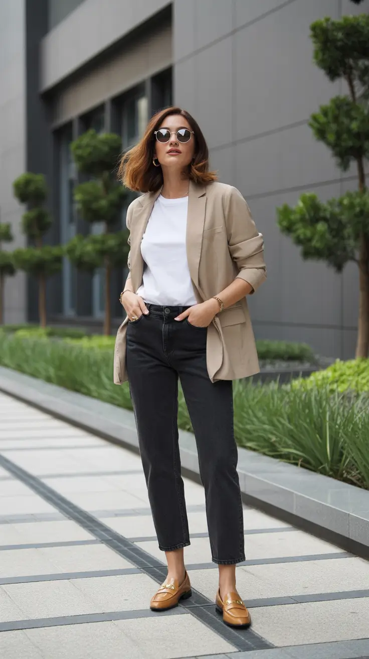 Trendy everyday outfits 2026 Beige Blazer With Black Denim Effortless City Chic