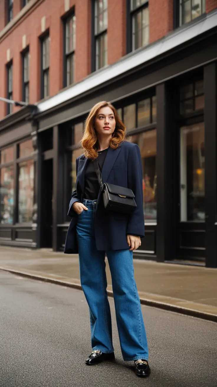 Trendy everyday outfits 2026 Navy Blazer And Flared Jeans Modern Street Style Classic