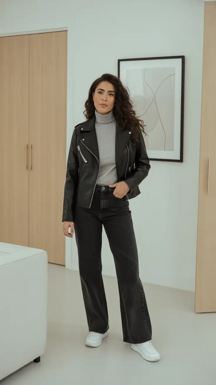 Trendy everyday outfits 2026 - Leather Jacket And Soft Neutrals For Busy Days