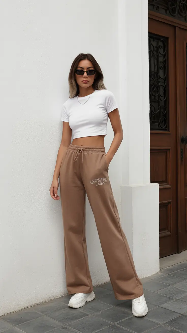 Best Gym Outfits 2026 - Cropped Tee And Cocoa Wide-Leg Sweatpants