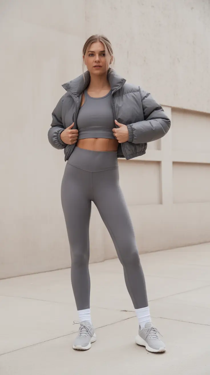 Best Gym Outfits 2026 - Graphite Set With Puffer For Cold-Start Sessions