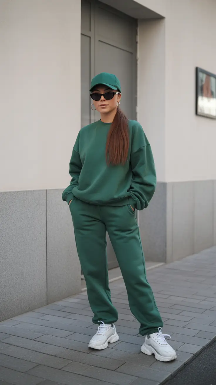 Best Gym Outfits 2026 - Forest Green Tracksuit With Cap And Hoops
