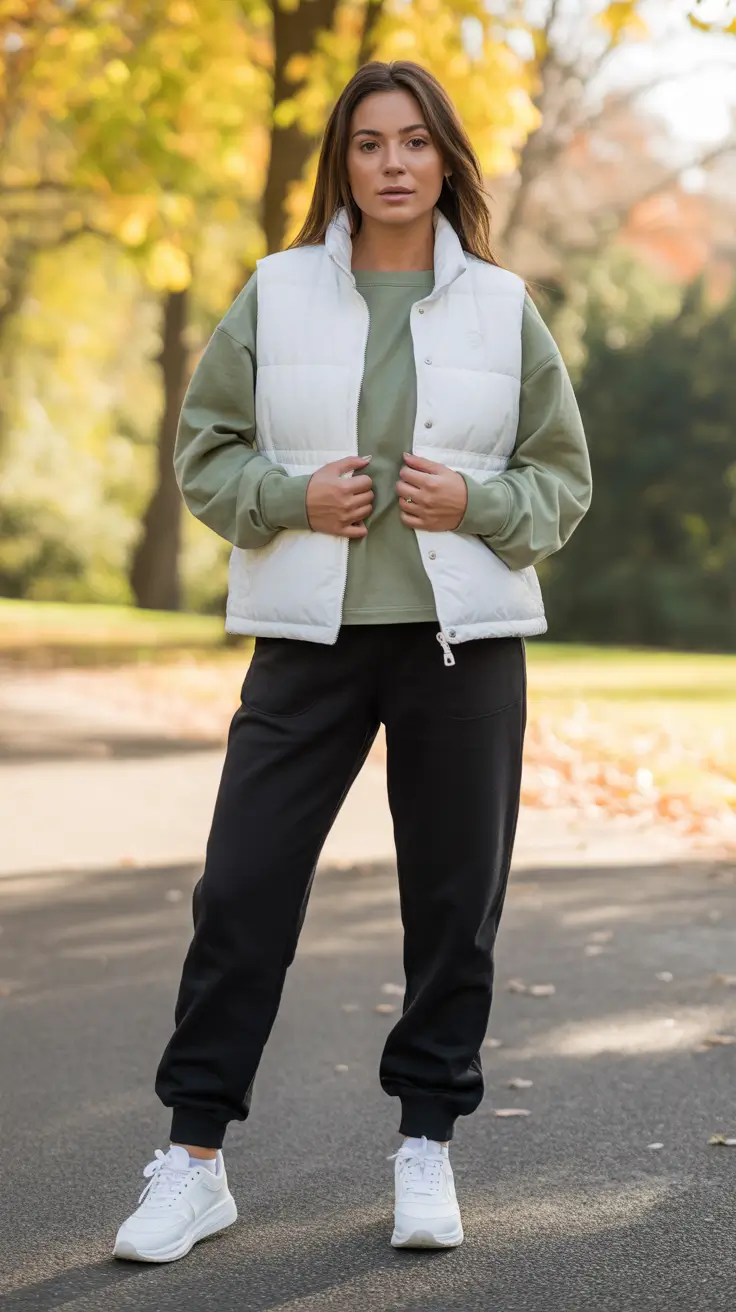 Best gym outfits 2026 - Quilted Vest, Sage Sweatshirt And Black Joggers