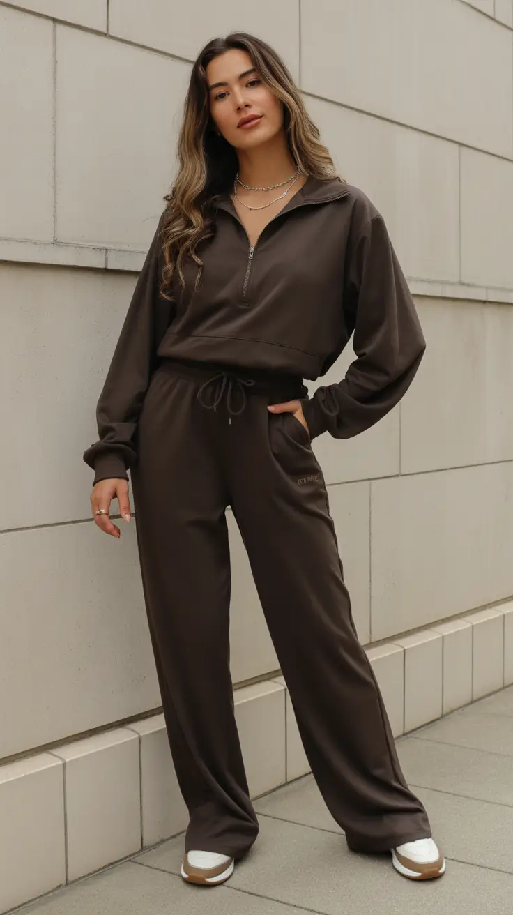 Best Gym Outfits 2026 - Chocolate Monochrome With Half-Zip And Wide-Leg Ease