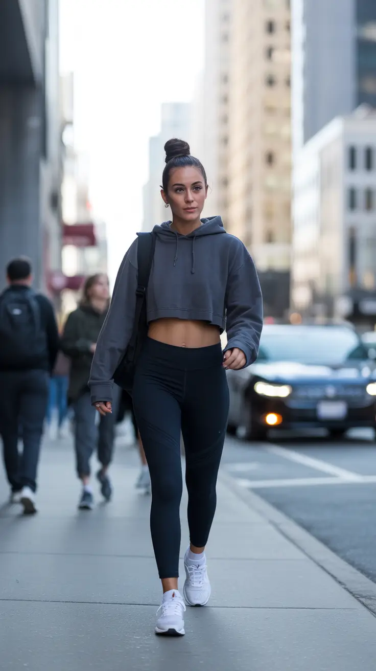 Best Gym Outfits 2026 - Cropped Charcoal Hoodie And Sculpt Leggings