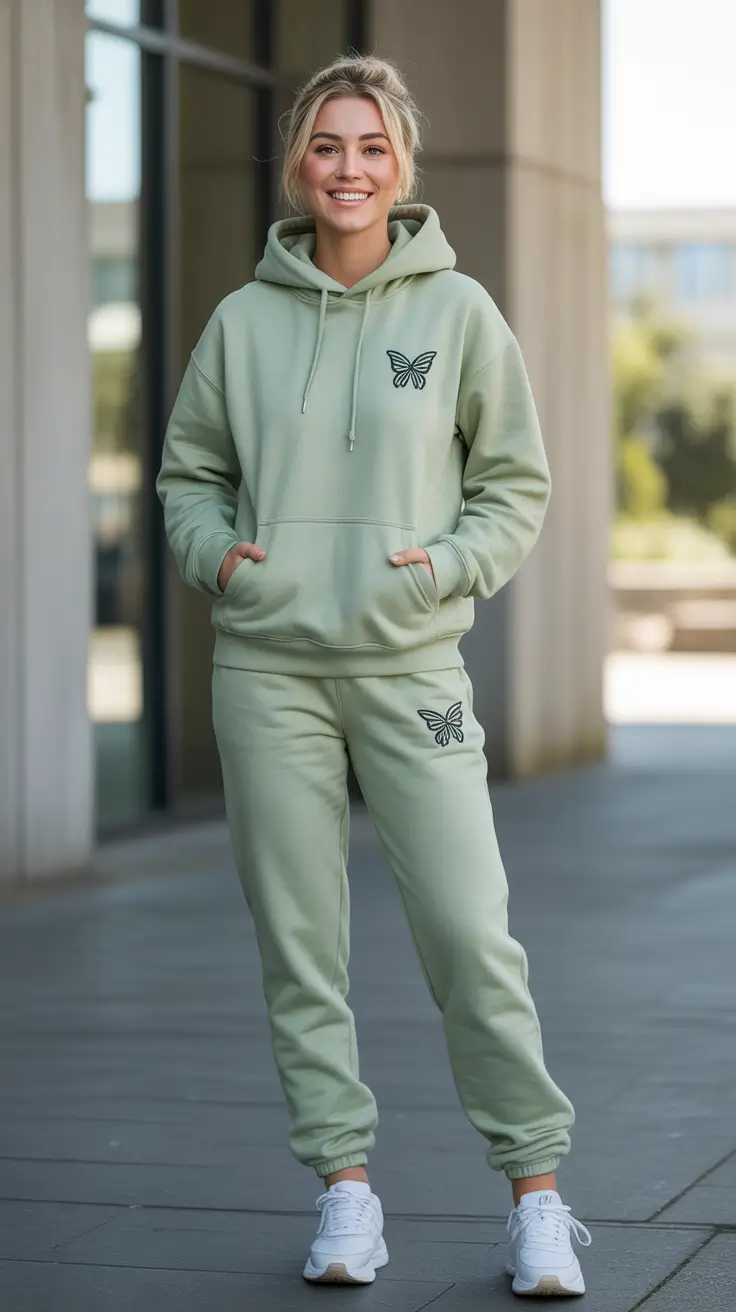 Best Gym Outfits 2026 - Sage Hoodie Set With Playful Motif