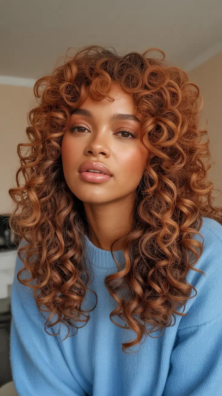 Best Hair Color For Brown Skin 2026 Copper Ringlets With Playful Bangs