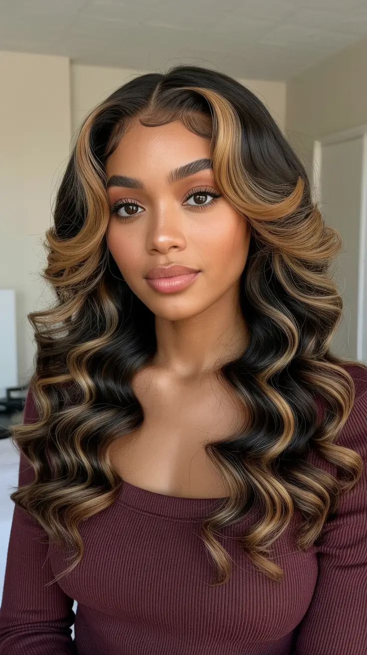 Best hair color for brown skin 2026 Soft Honey Highlights On Long Waves