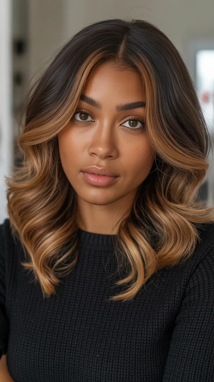 Best hair color for brown skin 2026 Face Framing Caramel Lob For Everyday