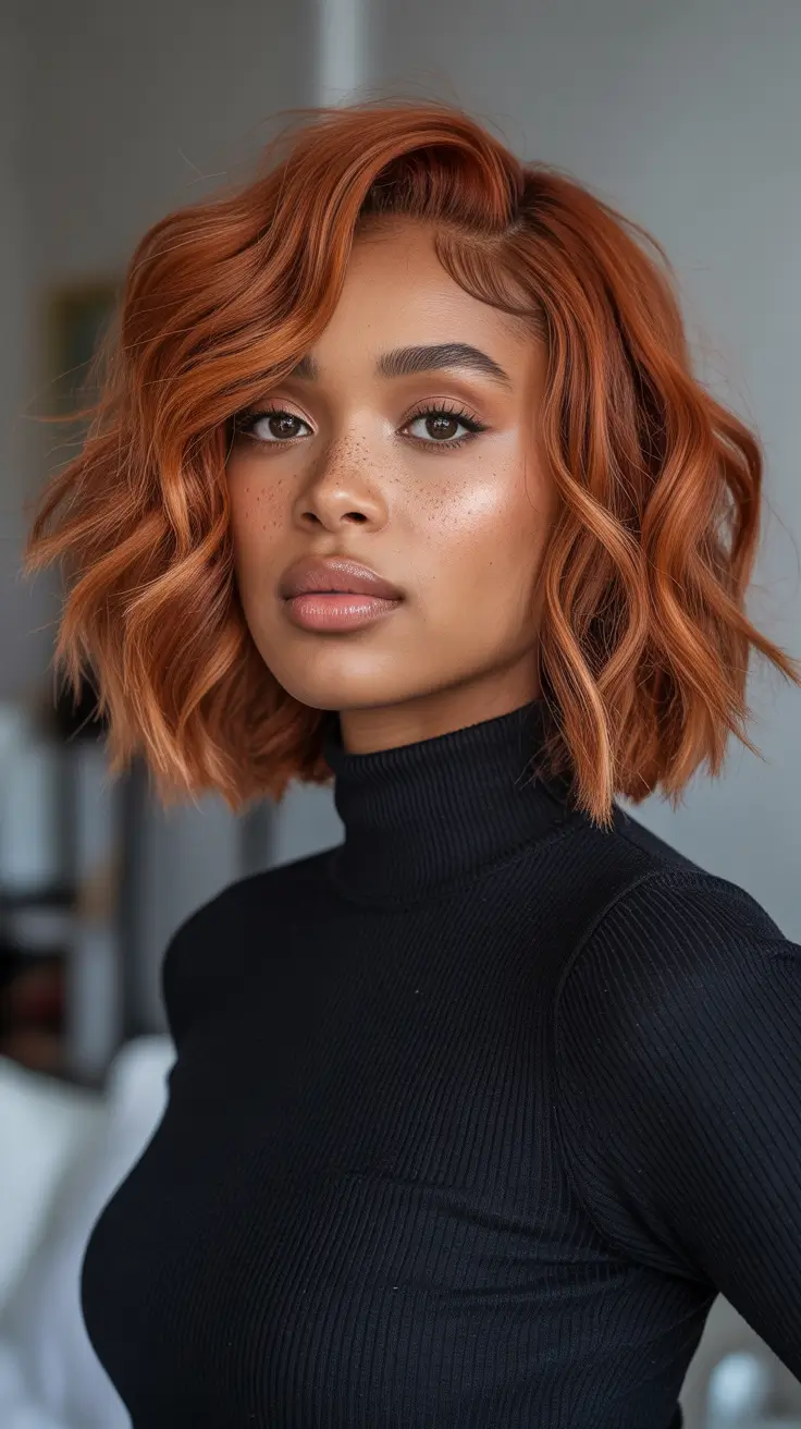 Best hair color for brown skin 2026 Bold Copper Bob With Soft Waves