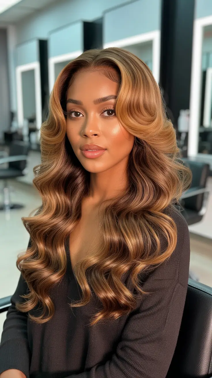 Best hair color for brown skin 2026 - Caramel Balayage Waves With Soft Dimension