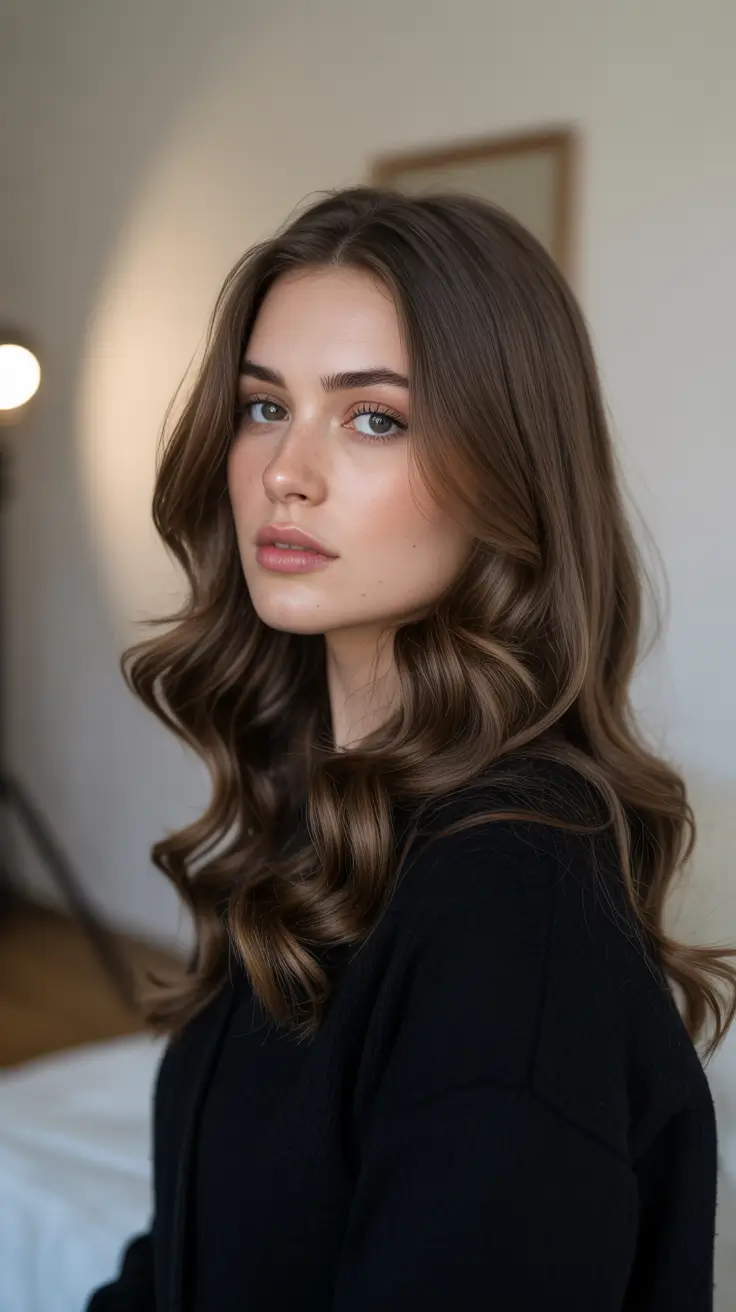 hair color ideas 2026 Glossy Cocoa Waves For Cozy Autumn Evenings