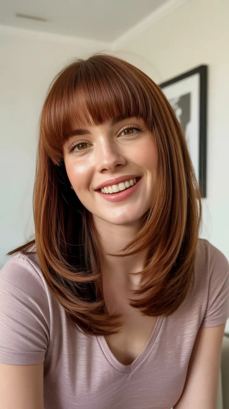hair color ideas 2026 by all season - Cinnamon Straight Cut With Soft Bangs