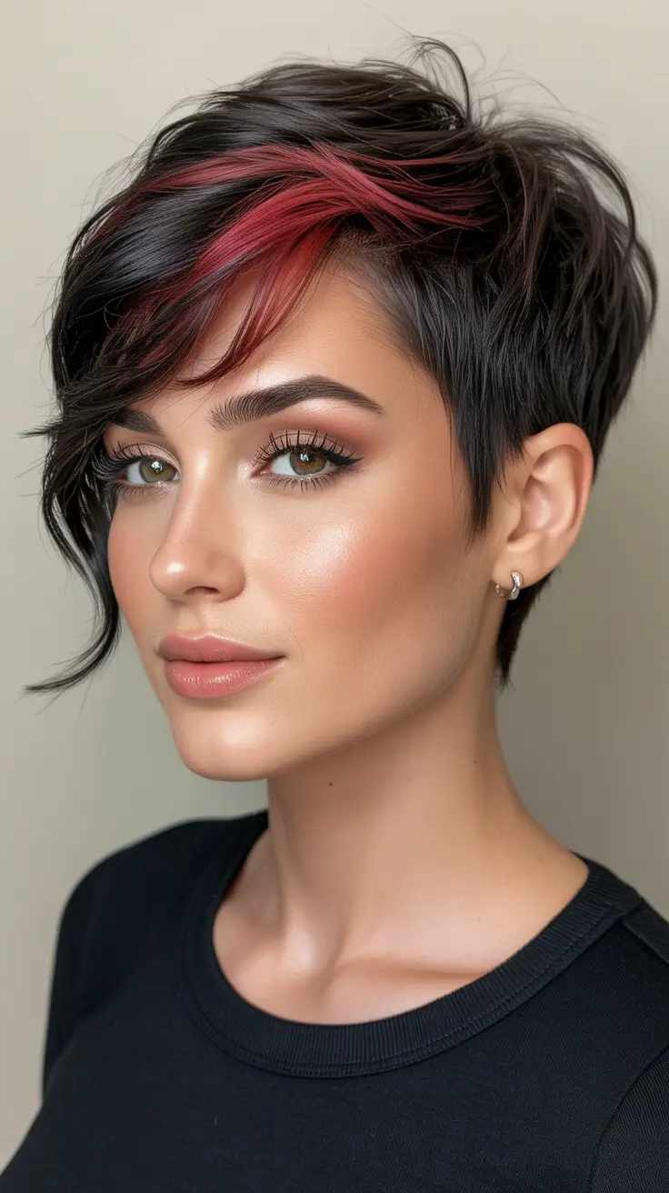 hair color ideas 2026 by all season - Edgy Pixie With Cherry Accent