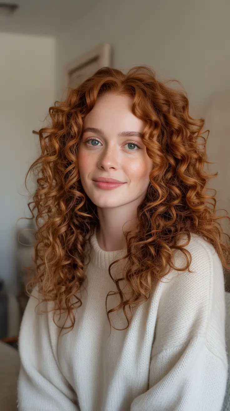 Hair color ideas to look younger 2026 Soft Copper Curls For A Baby Face Glow