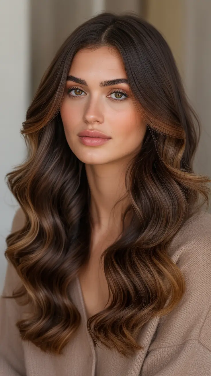 Hair color ideas to look younger 2026 Rich Espresso Brunette With Caramel Lights