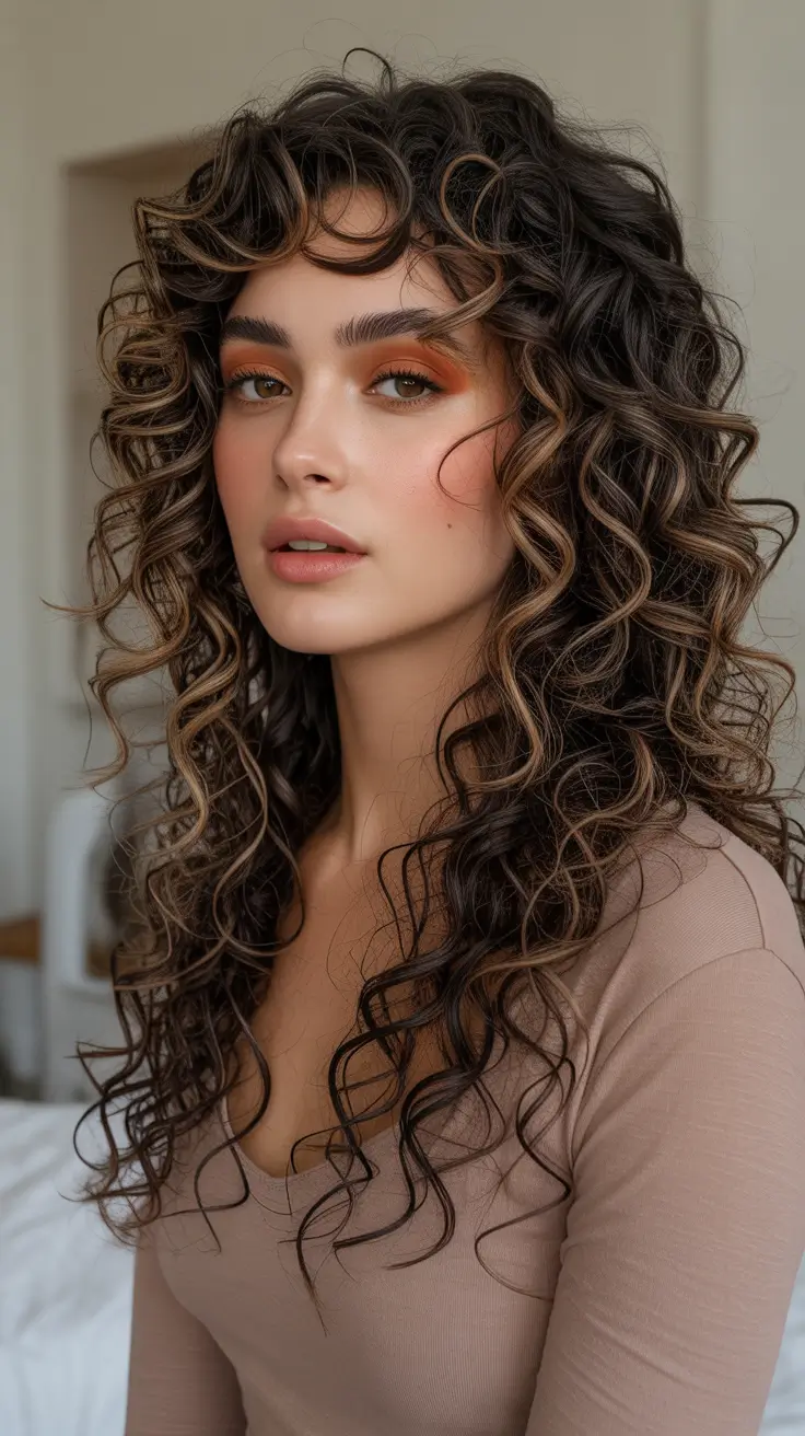 Hair color ideas to look younger 2026 Caramel Curls With Youthful Dimension