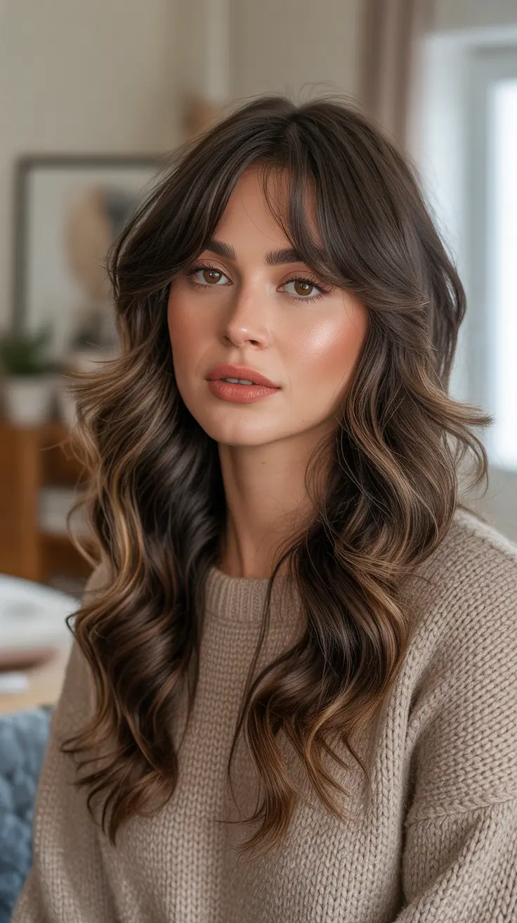 Best haircut ideas 2026 Soft Layered Waves With Curtain Bangs
