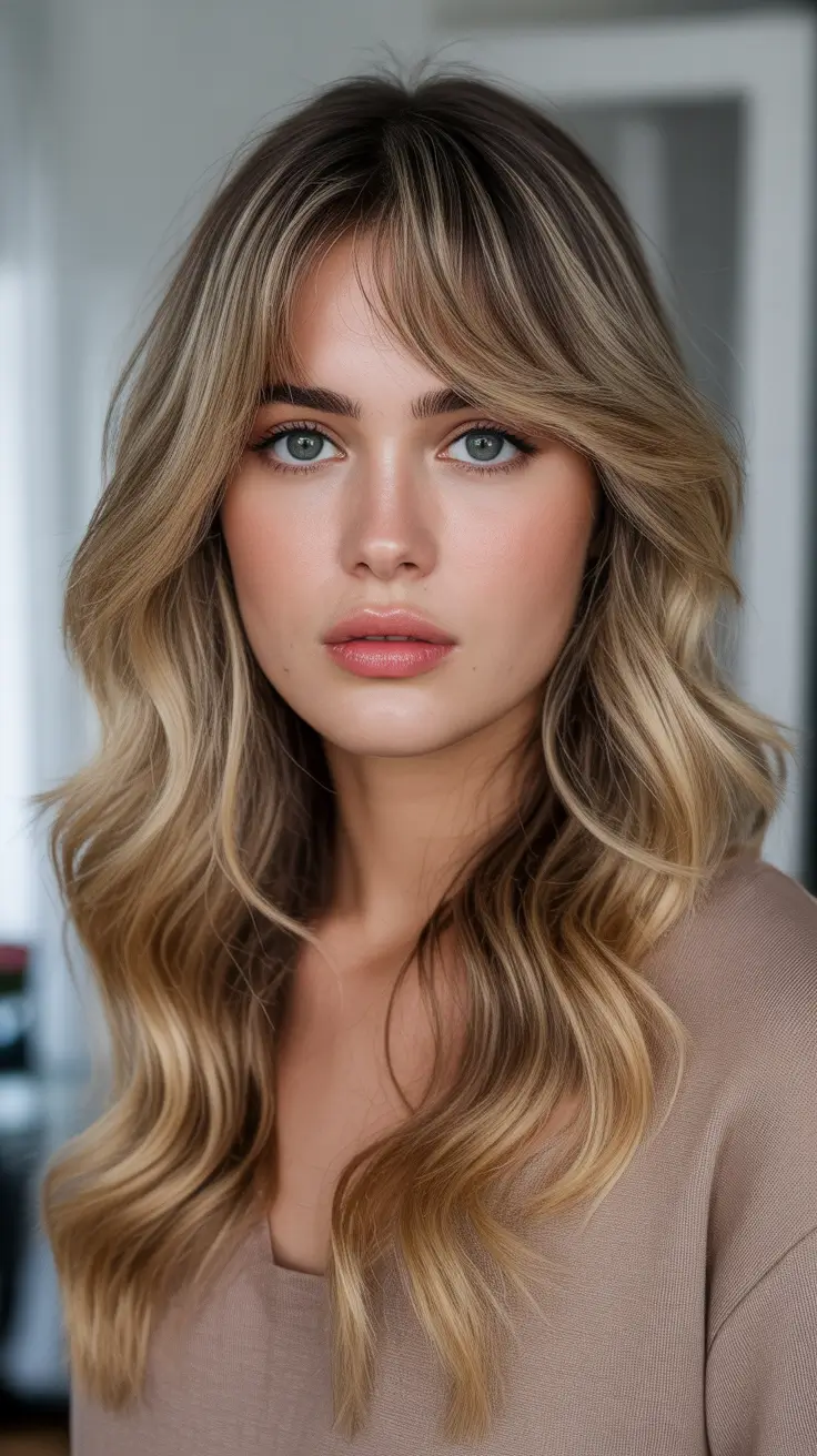 Best haircut ideas 2026 Long Blonde Waves With Soft Curtain Fringe