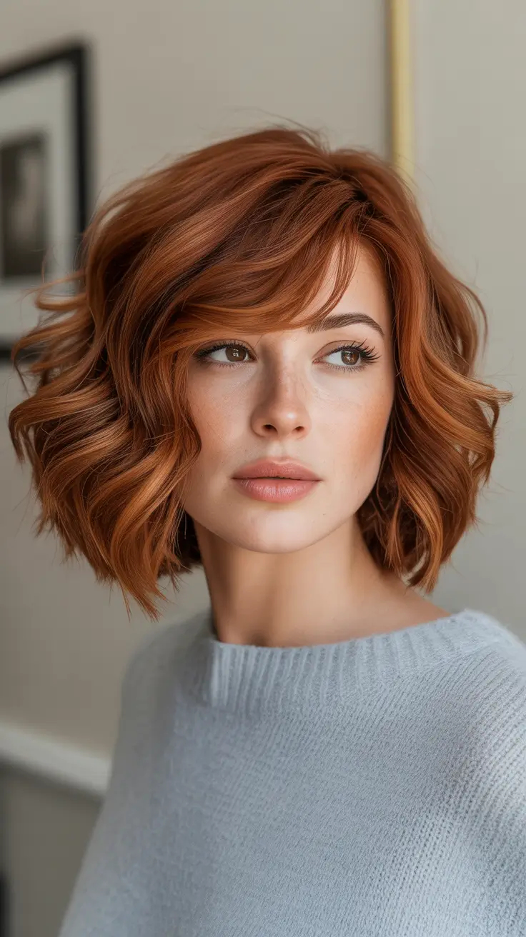 Best Haircut Ideas 2026 - Copper Wavy Bob With Side Fringe