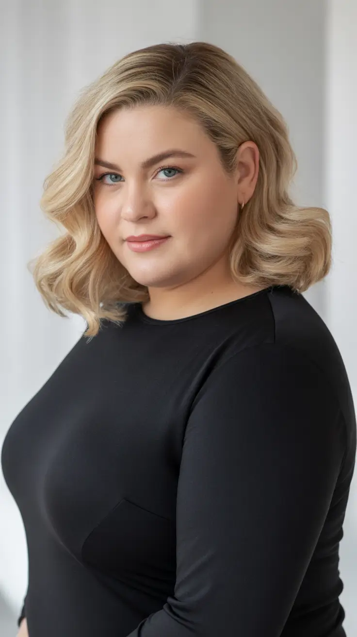 Best haircuts for plus size women 2026 Soft Blonde Lob With Sculpted Waves